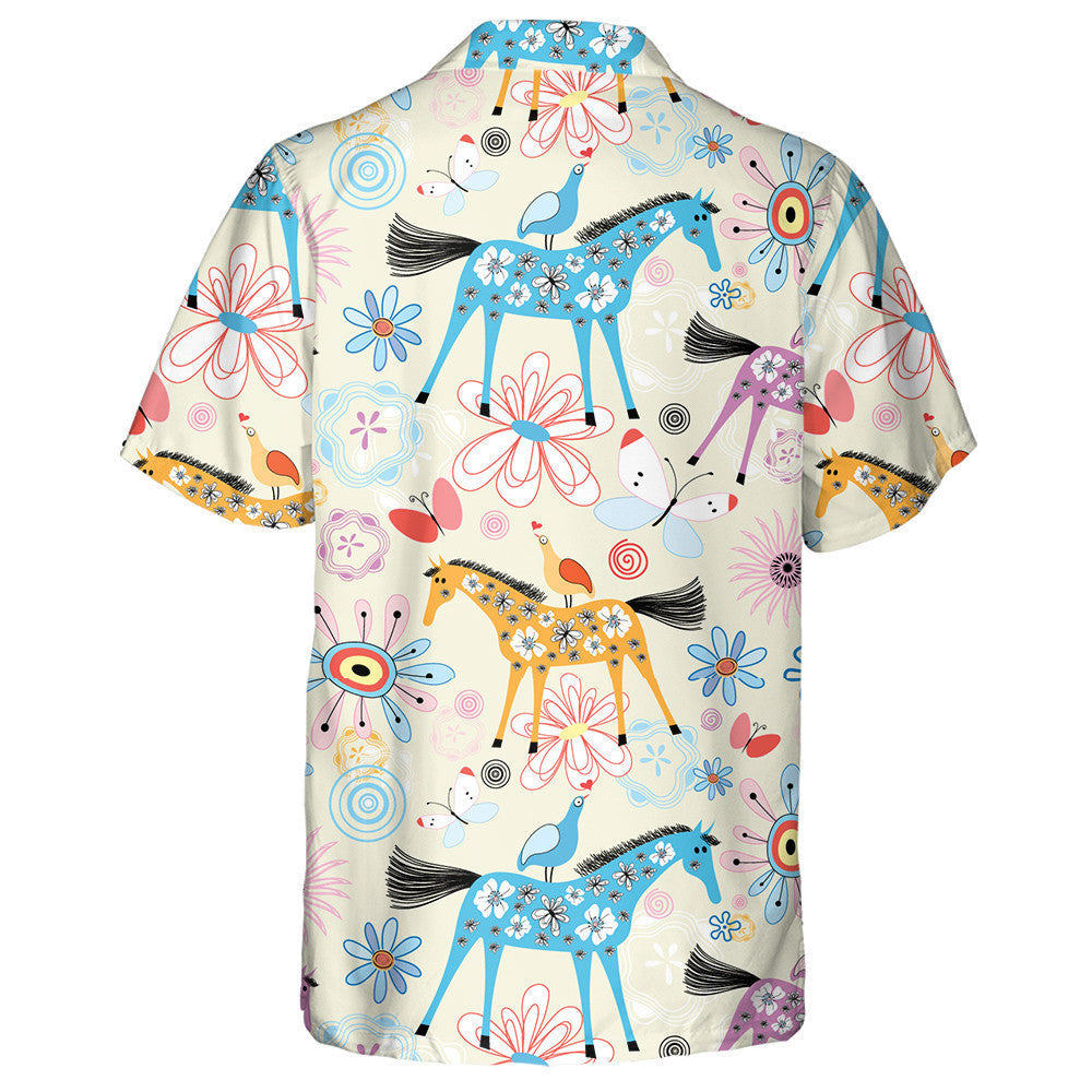 Colourful Cartoon Flower Texture With Horses Hawaiian Shirt,Hawaiian Shirt Gift, Christmas Gift