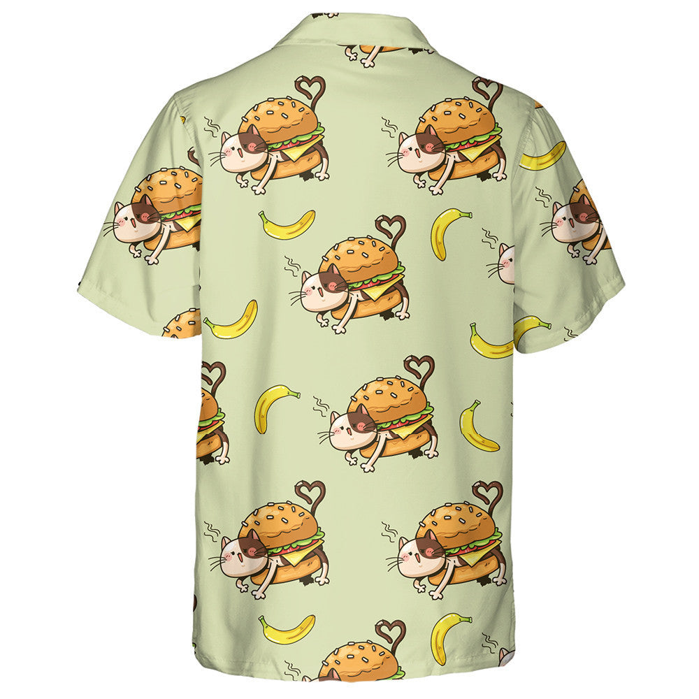 Cat Hamburger Agus Banana Cartún ar Chúlra Glas Léine Haváís, Bronntanas Léine Haváíais, Bronntanas Nollag