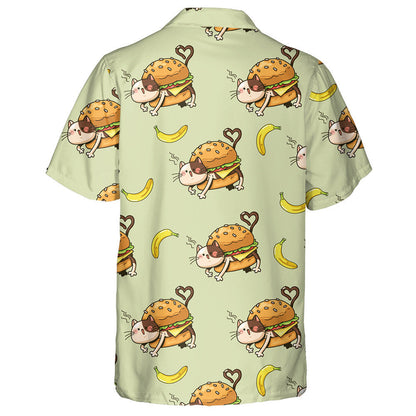 Cat Hamburger Agus Banana Cartún ar Chúlra Glas Léine Haváís, Bronntanas Léine Haváíais, Bronntanas Nollag