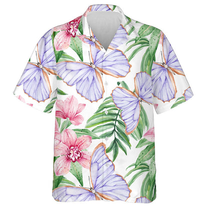 Tropical Butterflies And Pink Orchids On White Hawaiian Shirt, Hawaiian Shirt Gift, Christmas Gift