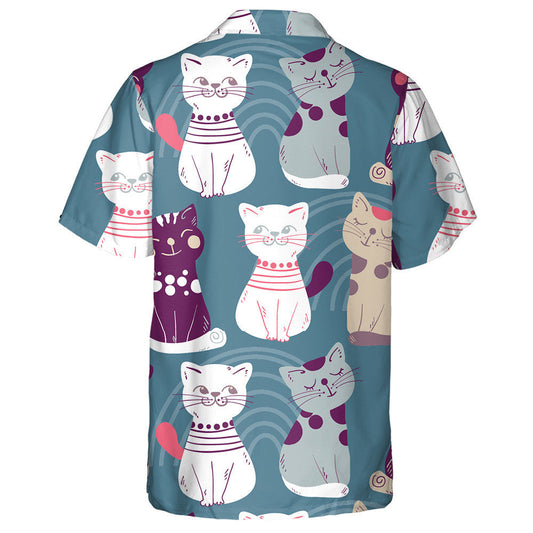 Cute Cats With Doodle Elements On Blue Hawaiian Shirt, Hawaiian Shirt Gift, Christmas Gift
