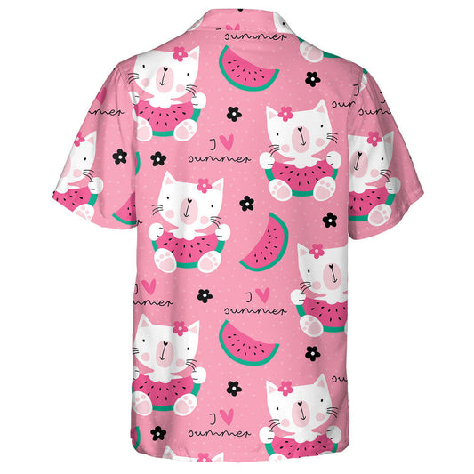Cute Cat With Watermelon On Pink Hawaiian Shirt,Hawaiian Shirt Gift, Christmas Gift