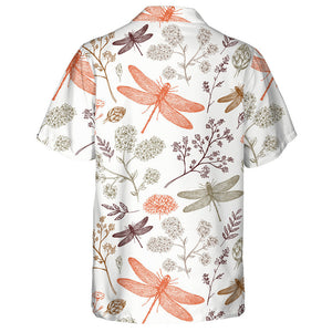 Colorful Dragonfly With Flora On White Hawaiian Shirt, Hawaiian For Gift