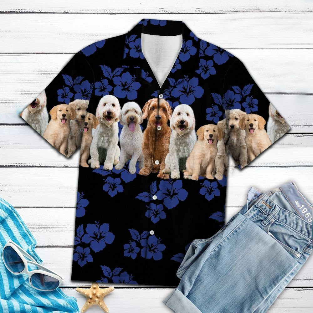 Goldendoodle With Blue Hibiscus In Black Design Hawaiian Shirt, Hawaiian Shirt Gift, Christmas Gift