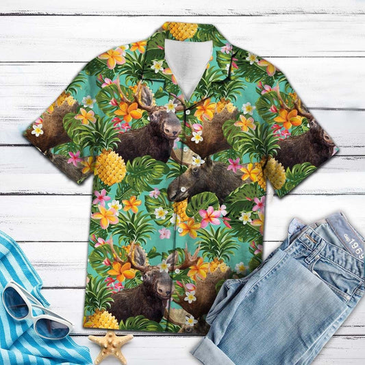 Tropical Pineapple With Moose Design Hawaiian Shirt,Hawaiian Shirt Gift, Christmas Gift