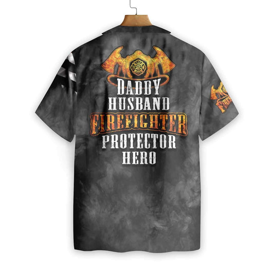 Fear céile Daidí Comhraiceoir Dóiteáin Bratach Meiriceánach Sractha Ainm Saincheaptha Léine Haváíais, Bronntanas Léine Haváíais, Bronntanas Nollag