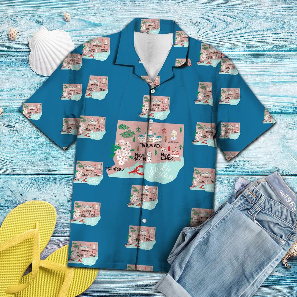 Awesome Connecticut Beach Map On Blue Pattern Hawaiian Shirt, Hawaiian Shirt Gift, Christmas Gift