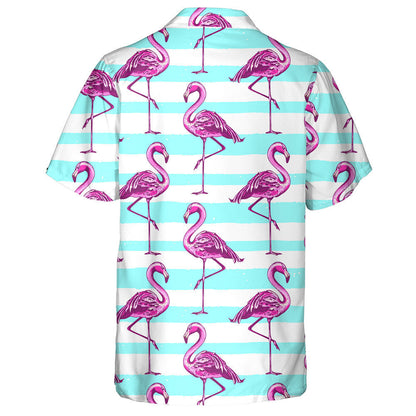 Summer With Pink Flamingo And Blue Lines Hawaiian Shirt,Hawaiian Shirt Gift, Christmas Gift