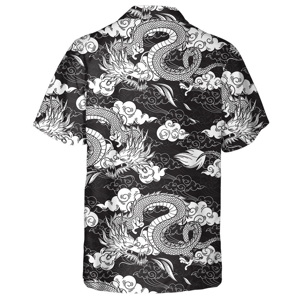 Vintage Chinese Dragon And Clouds Black White Hawaiian Shirt, Hawaiian Shirt Gift, Christmas Gift