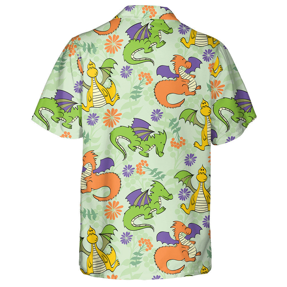 Cute Cartoon Dragons And Flower On Green Hawaiian Shirt, Hawaiian Shirt Gift, Christmas Gift