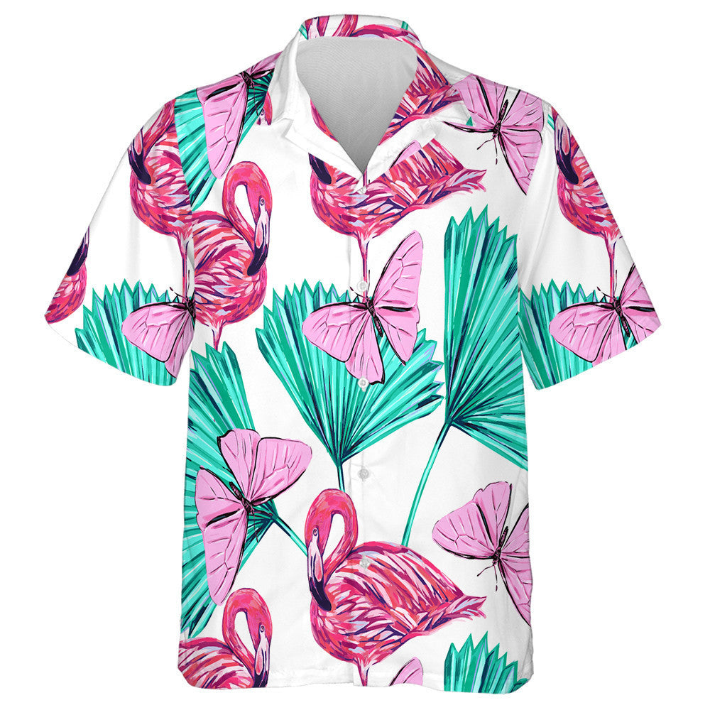 Beautiful Flaminggo With Tropical Palm And Butterfly Hawaiian Shirt, Hawaiian Shirt Gift, Christmas Gift