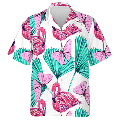 Beautiful Flaminggo With Tropical Palm And Butterfly Hawaiian Shirt, Hawaiian Shirt Gift, Christmas Gift