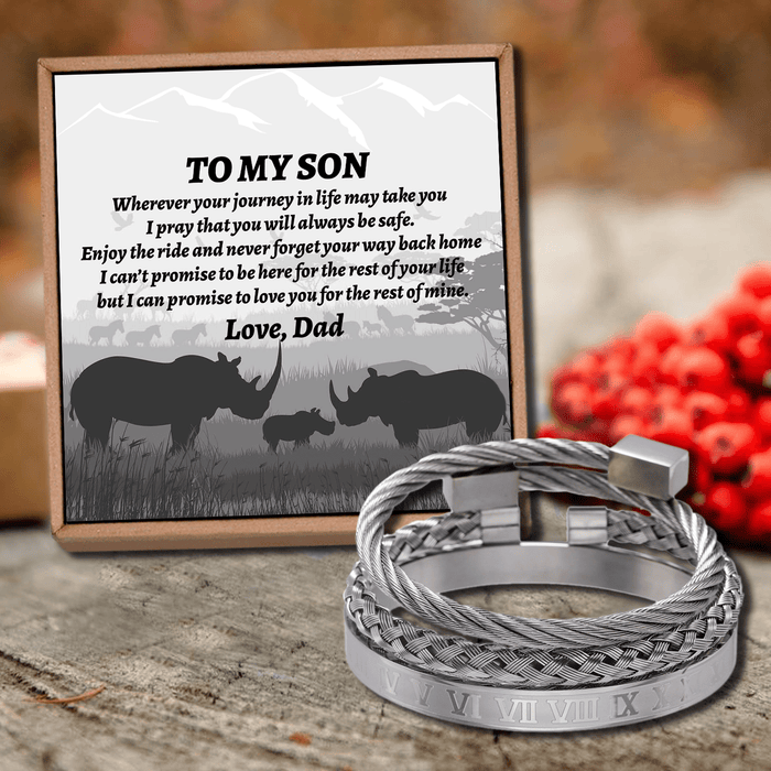 Dad To Son - I Promise To Love You Roman Numeral Bangle Weave Bracelets Set