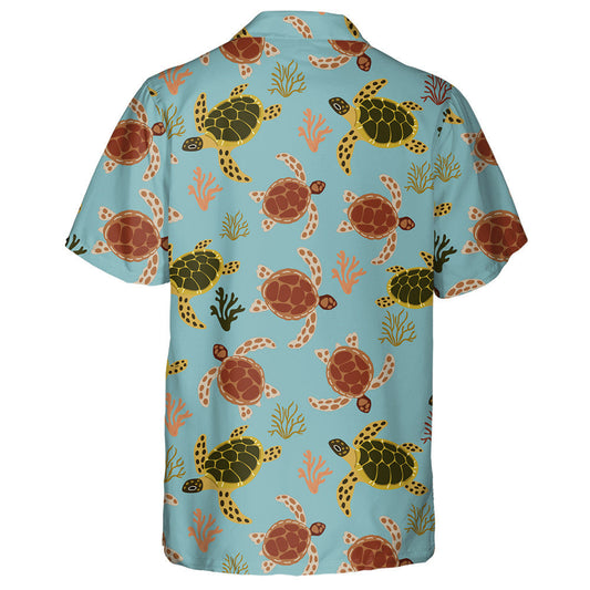 Turtles And Starfish On A Blue Background Hawaiian Shirt, Hawaiian For Gift