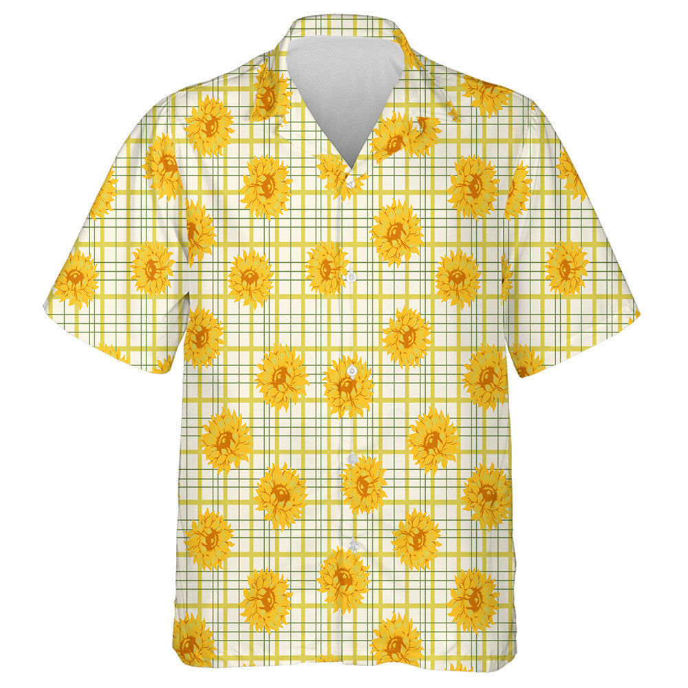 Bright Yellow Sunflower Elements On Plaid Background Hawaiian Shirt, Hawaiian Shirt Gift, Christmas Gift