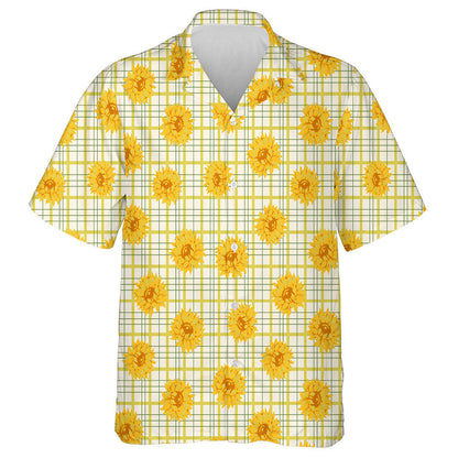 Bright Yellow Sunflower Elements On Plaid Background Hawaiian Shirt, Hawaiian Shirt Gift, Christmas Gift