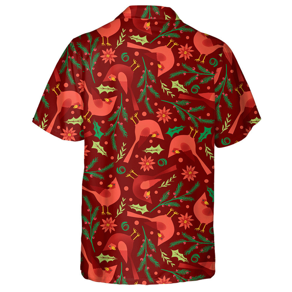 Watercolor Red Cardinal And Poinsettias Ditsy Hawaiian Shirt, Hwaiian For Gift