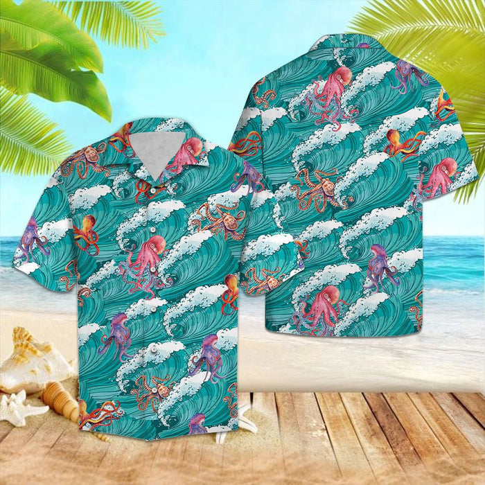 Applealing Octopus Sea Waves Pattern Hawaiian Shirt, Hawaiian For Gift