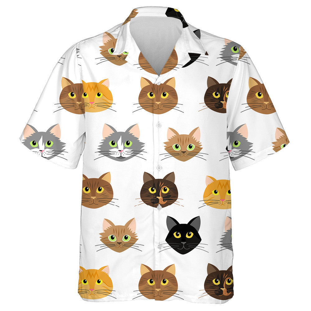 Cartoon Cat's Heads On White Background Hawaiian Shirt, Hawaiian For Gift
