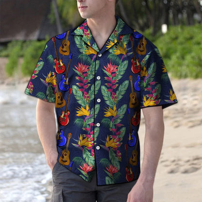 Colored Guitar With Paradise Flowers Hawaiian Shirt, Hawaiian For Gift