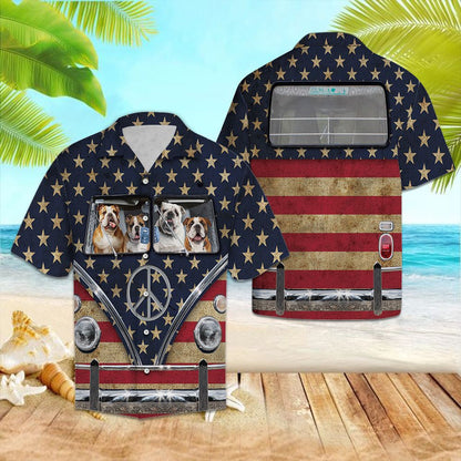 Bulldog Family Grunge Flag Hippie Bus Pattern Hawaiian Shirt, Hawaiian Shirt Gift, Christmas Gift