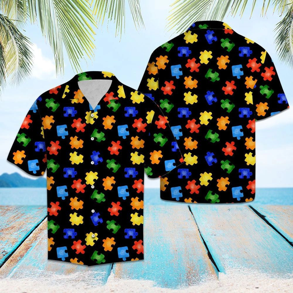Colorful Autism Puzzle In Black Design Hawaiian Shirt, Hawaiian For Gift