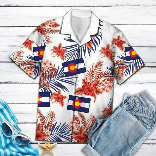 Colorado Map With Red Hibiscus Blue Leaves Hawaiian Shirt, Hawaiian Shirt Gift, Christmas Gift