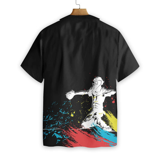 Catcher Silhouette Baseball On Black Design Hawaiian Shirt, Hawaiian For Gift