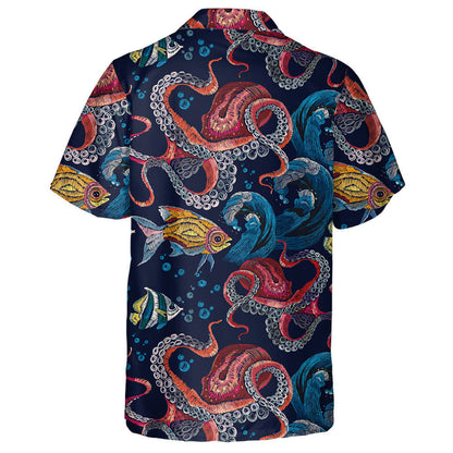 Bróidnéireacht Octopus Tonnta Farraige Iasc Trópaiceacha Dearadh Uiscedhathanna Léine Haváís, Bronntanas Léine Haváís, Bronntanas Nollag