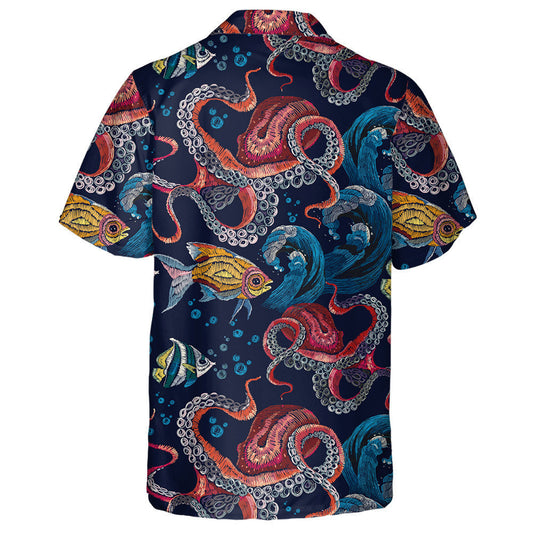 Bróidnéireacht Octopus Tonnta Farraige Iasc Trópaiceacha Dearadh Uiscedhathanna Léine Haváís, Bronntanas Léine Haváís, Bronntanas Nollag