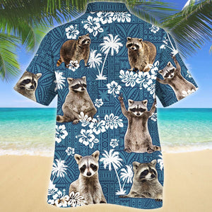 Cute Raccoon On Blue Tribal Hibiscus Pattern Hawaiian Shirt, Hawaiian Shirt Gift, Christmas Gift