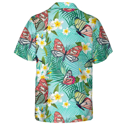 Spring Theme Tropical Plumeria And Butterfly Hawaiian Shirt,Hawaiian Shirt Gift, Christmas Gift
