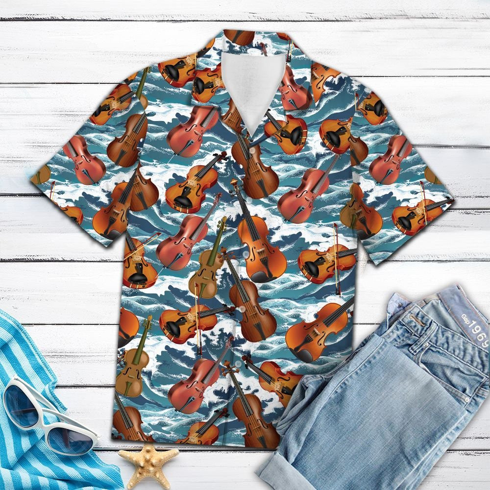 Violin Blue Ocean Waves Design Hawaiian Shirt, Hwaiian For Gift