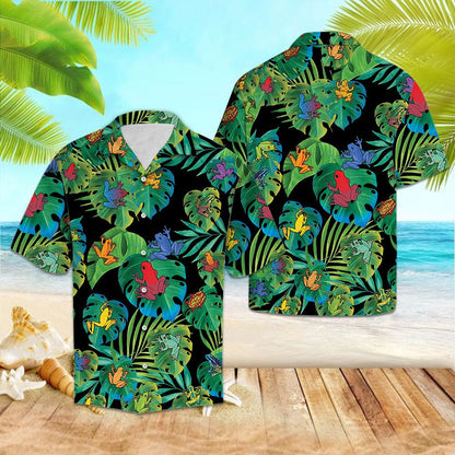 Colorful Frog On Tropical Leaves In Black Hawaiian Shirt, Hawaiian Shirt Gift, Christmas Gift