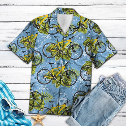 Biking Tropical Leaves On Bike Blue Themed Hawaiian Shirt, Hawaiian Shirt Gift, Christmas Gift