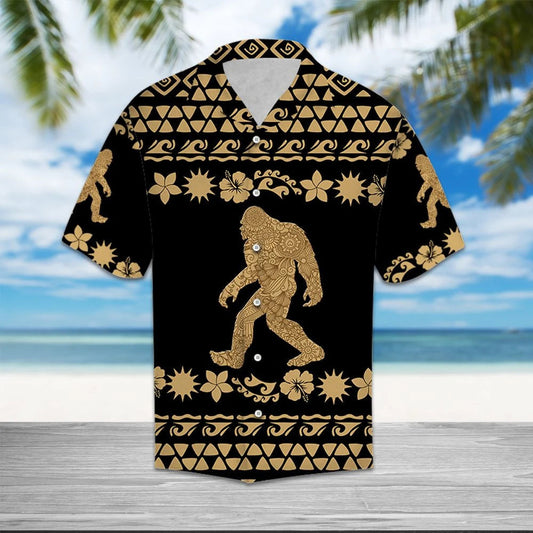 Tribal Golden Bigfoot Walking Into Forest Design Hawaiian Shirt, Hawaiian Shirt Gift, Christmas Gift