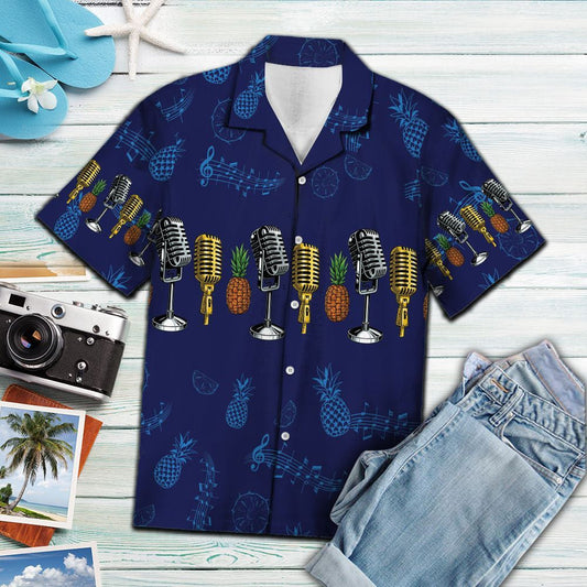 Hand Drawn Microphone Musical Instrument Pattern Hawaiian Shirt,Hawaiian Shirt Gift, Christmas Gift