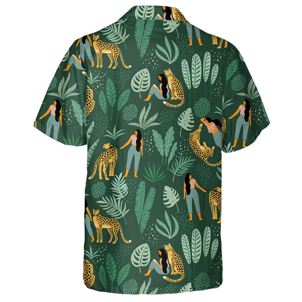 Leopards With Women And Tropical Leaves Hawaiian Shirt, Hawaiian For Gift