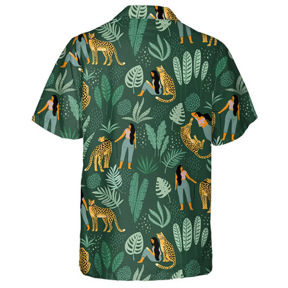 Leopards With Women And Tropical Leaves Hawaiian Shirt, Hawaiian For Gift