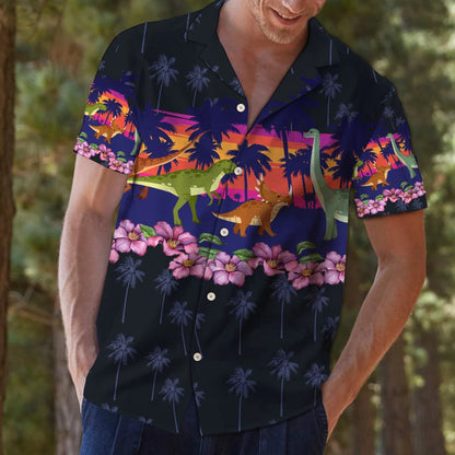 Dinosaur Border Chest Print Black Theme Hawaiian Shirt, Hawaiian Shirt Gift, Christmas Gift