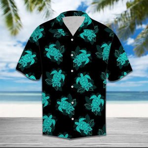 Teal And Black Turtle Summer Plant Pattern Hawaiian Shirt, Hawaiian Shirt Gift, Christmas Gift