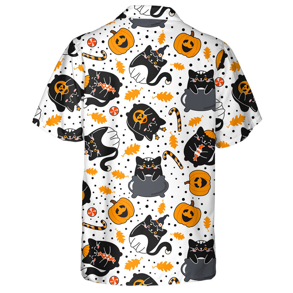 Cute Black Cats Autumn Leaves And Sweets Hawaiian Shirt, Hawaiian Shirt Gift, Christmas Gift