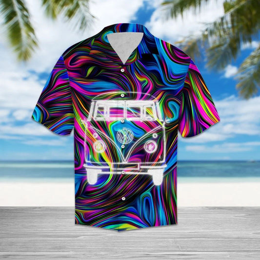 Watercolor Hippie Bus On Tie Dye Pattern Hawaiian Shirt, Hawaiian Shirt Gift, Christmas Gift