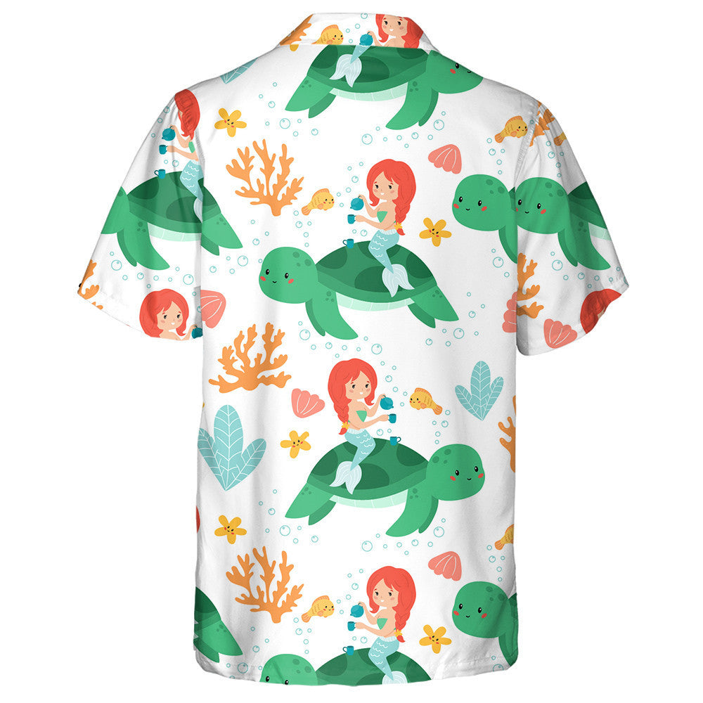 Kawaii Mermaid With Turtle Tea Time Hawaiian Shirt, Hawaiian For Gift