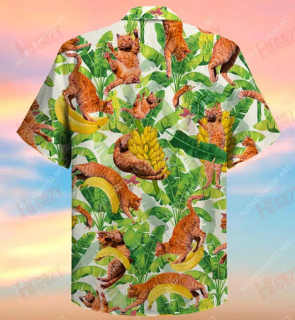 Cait Greannmhar Agus Bananaí Léim Léine Gearr Haváís Laethanta Saoire Léinte Tropacha Léine Oirbheartaíochta Haváí Patrún Léine Haváíais, Bronntanas Léine Haváís, Bronntanas Nollag