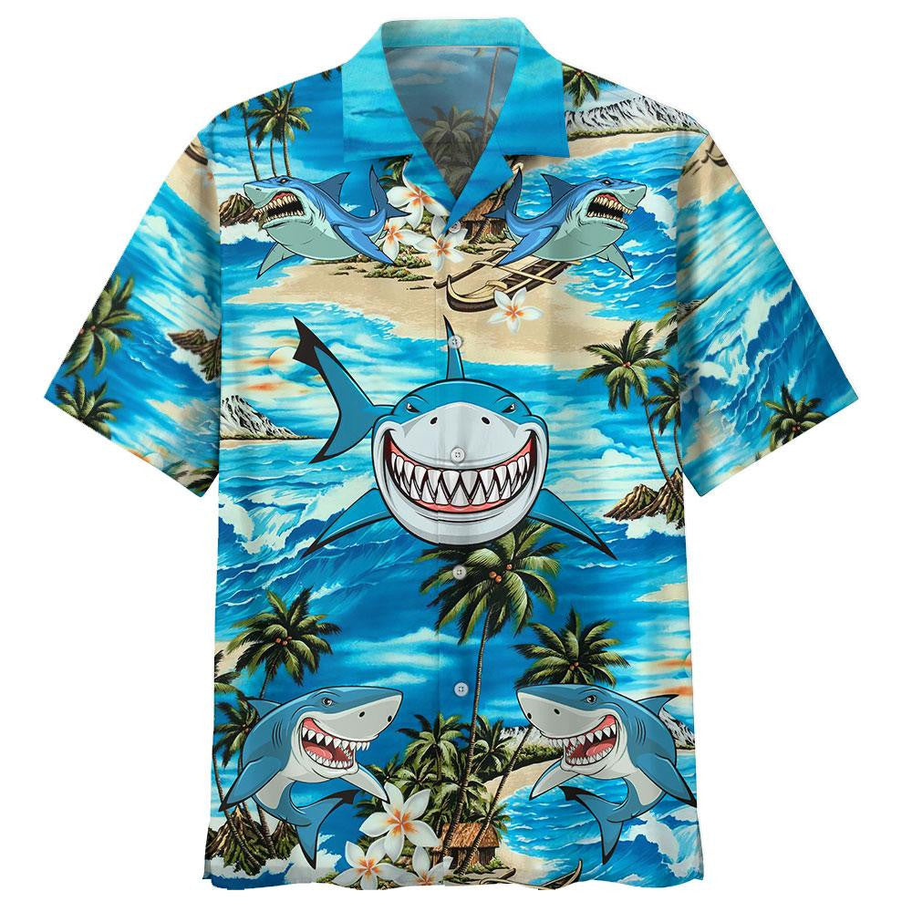Smile Shark Watercolor Design Hawaiian Shirt,Hawaiian Shirt Gift, Christmas Gift