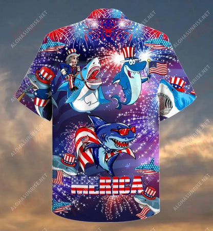 Shark Merica Patriotic Short Short Sleeve Shirt Ocean Hawaiian T Shirts Vintage Hawaiian Shirts Hawaiian Shirt Pattern, Hawaiian Shirt Gift, Christmas Gift
