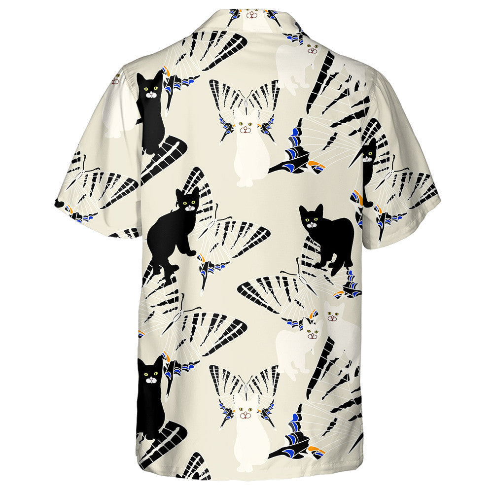 Black And White Cat With Striped Butterflies Hawaiian Shirt, Hawaiian Shirt Gift, Christmas Gift