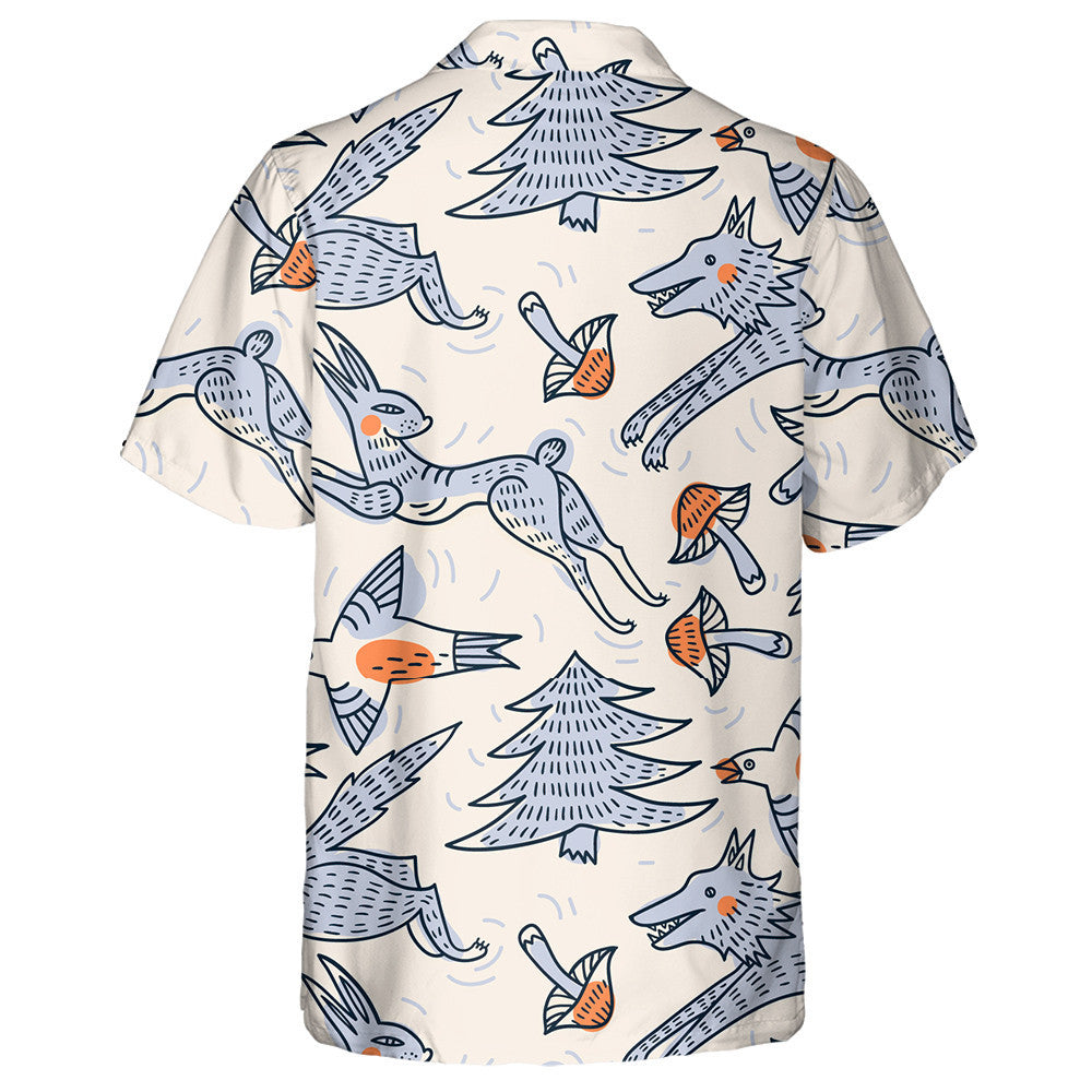 Running Wolf Cartoon Animals And Flying Birds Hawaiian Shirt, Hawaiian Shirt Gift, Christmas Gift