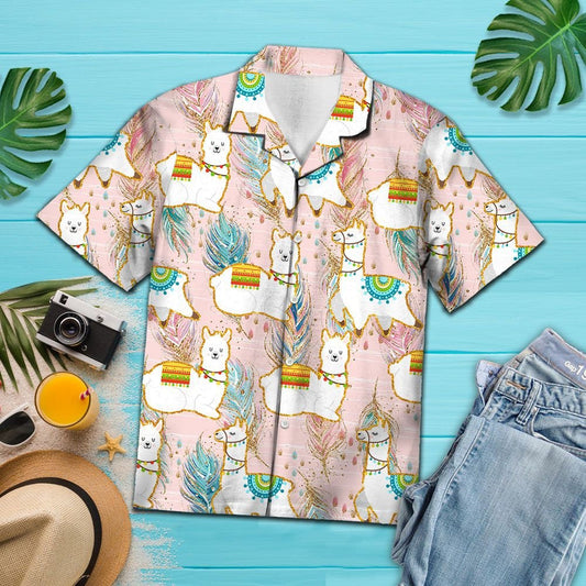 Cartoon Cute Llama Boho Feather Pattern Hawaiian Shirt, Hawaiian Shirt Gift, Christmas Gift
